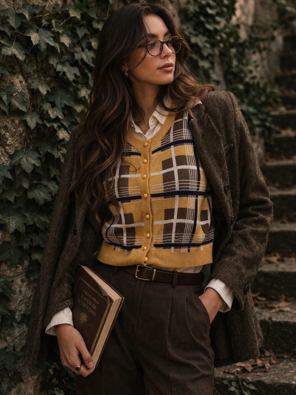 COLLECTIF LONDON Mustard Plaid Fitted Cropped Cardigan, L